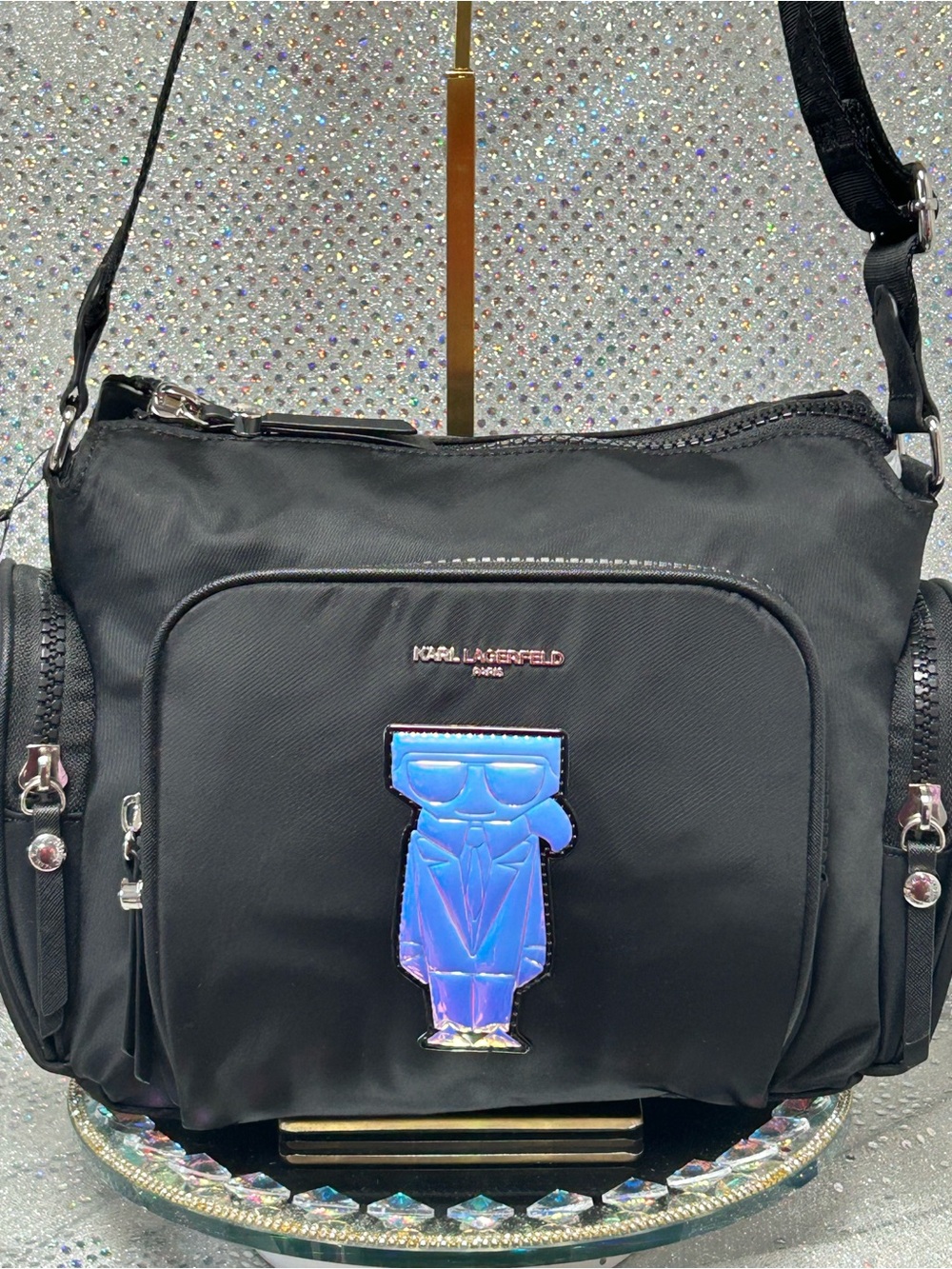 Karl Lagerfeld Black Messenger Bag w/Holographic Blue Charm Approx. 13.5 x10 x 5